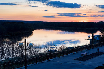 Vyoshenskaya embankment of river Don at sunset