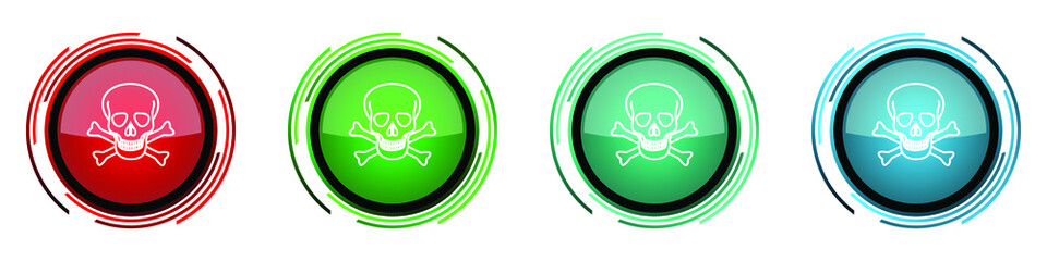 Skull round glossy vector icons, set of buttons for webdesign, internet and mobile phone applications in four colors options isolated on white background