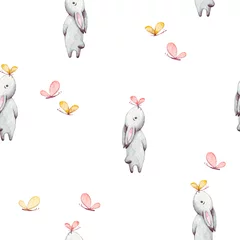  Schattige baby konijn dier met roze en gele vlinder naadloze patroon, aquarel illustratie voor kinderkleding. Hand getekende afbeelding voor gevallen ontwerp, kinderkamer posters, ansichtkaarten. © Tatiana 