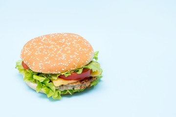 Cheeseburger with tomatoes and lettuce on a blue background