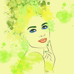 Abstract portrait of a beautiful girl stylized with a painted face and watercolor strokes and splashes on a light background in digital 