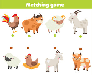 Matching game. Educational children activity. match male and female animals. Activity for pre scholl years kids and toddlers