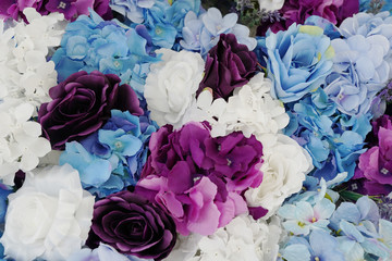 Blue, violet, purple, pink and white summer flowers closeup