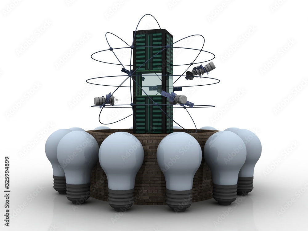 Aufkleber 3d illustration space satellite orbit with database around bulb network