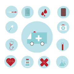 A set of medical icons, syringe, ambulance, stethoscope, pills, first aid kit, hear, drugs, syringe, pills, bandages icons