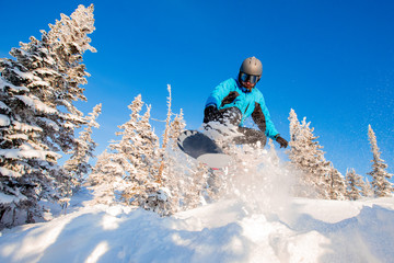 Snowboarder jumping through air with deep blue sky in background, Freeride winter forest
