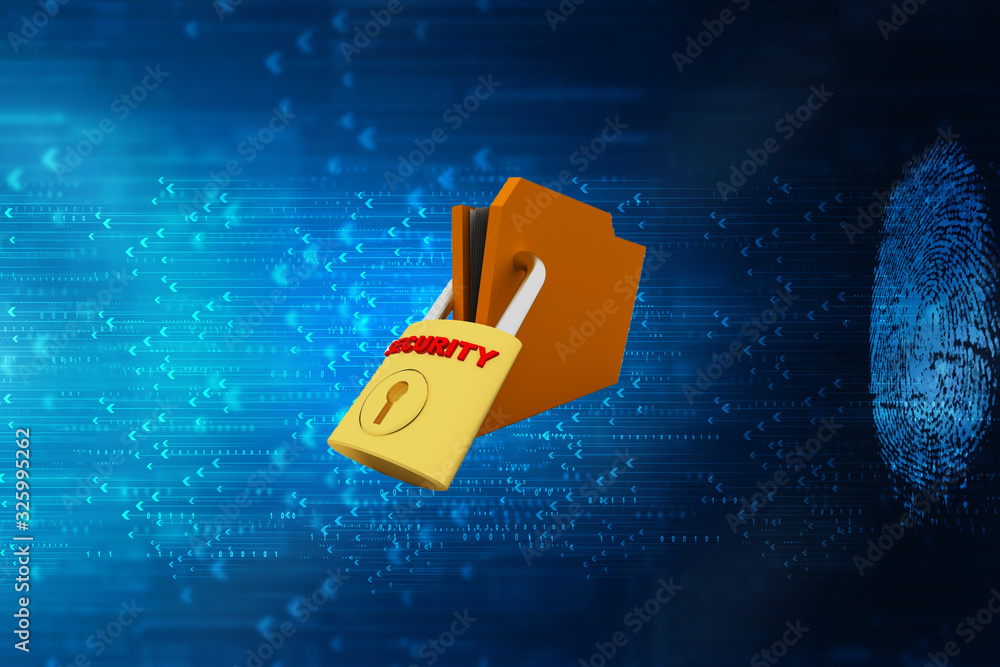 Poster yellow folder and lock. data security concept. 3d rendering