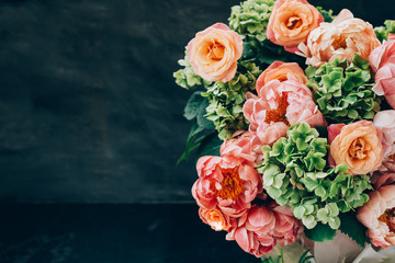 Fresh bunch of pink peonies, hydrangea and roses. Card Concept, pastel colors, close up image, copy space