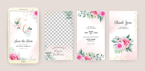 Electronic wedding invitation card template set with watercolor and gold floral. Flowers illustration for social media stories, save the date, greeting, rsvp, thank you, poster