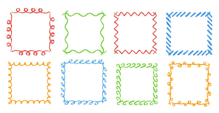 Crayon hand drawing square frames. Set of colorful rectangular ornate design element chalk or pencil like kids drawn style. Vector doodle art stroke line banner border, template, copy space background