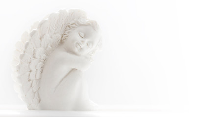 White little angel on white background, monochrome banner