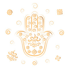 Gold hamsa Arab and Jewish palm-shaped protective amulet. Miriam's hand, Fatima's hand, God's hand.