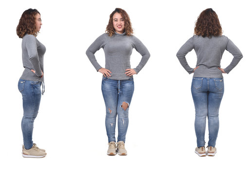 woman with jeans front, back and side view on white background, hands on hip