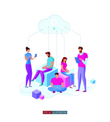 Trendy flat illustration. Office workers planing business mechanism, analyze business strategy and exchange ideas.Template for your design works. Vector graphics.