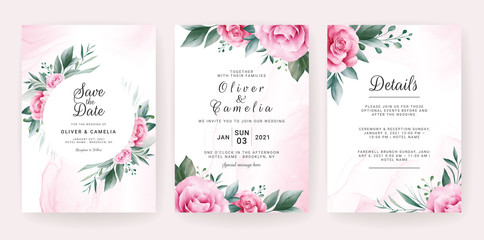 Fototapeta na wymiar Wedding invitation card template set with watercolor floral border. Flowers decoration for save the date, greeting, rsvp, thank you, poster, cover, etc. Botanic illustration vector