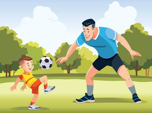 Young father with his little son playing football on football pitch at the day time. Concept of friendly family. Happy father's day. Vector illustration.