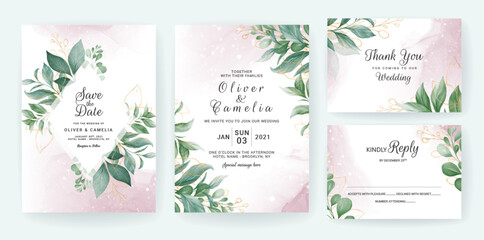Fototapeta na wymiar Wedding invitation card template set with watercolor gold leaves decoration. Floral background for save the date, greeting, menu, details, poster, cover, etc. Botanic illustration vector