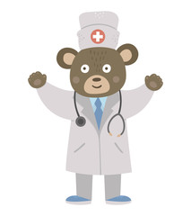 Vector bear doctor in medical hat with stethoscope. Cute funny animal character. Medicine picture for children. Healthcare icon isolated on white background.