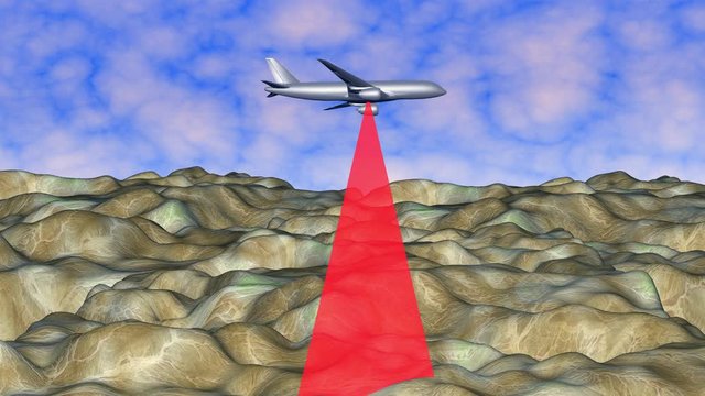 Aerial LIDAR on airplane in sky as it flies over Earth , scanning mountains , land terrain. 3d Animation