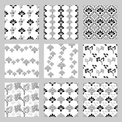 Black and white abstract flowers vector seamless pattern bundle collection. Doodle style monochromatic pattern, black elements isolated on white background. 