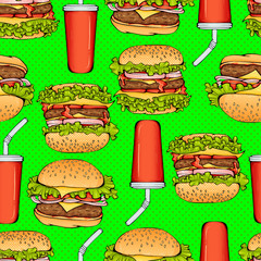Cartoon colorful bright hamburgers and cola on green background seamless pattern. Vector illustration in pop art style texture for fast food restaurant or cafe menu banner, textile, wrapping paper