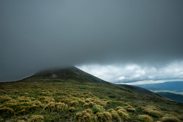 Landscape with green mountains of the Carpathians in the clouds
