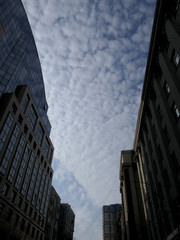 Office building with glass windows and reflection of the white clouds and blue sky