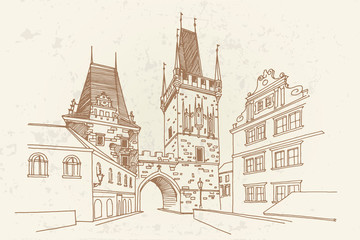 Obraz premium vector sketch of Lesser Town Bridge Towers on Charles Bridge. Prague, Czech Republic, Bohemia.