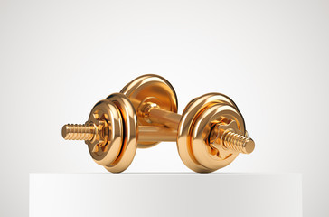 Two gold dumbbells on the white podium. Sport achivments and healthy lifestyle concept.