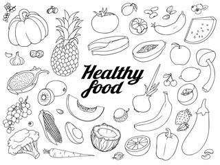 Healthy food set. Hand drawn rough simple sketches of different kinds of vegetables and berries. Vector freehand illustration isolated on white background.