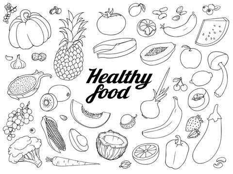 Healthy food set. Hand drawn rough simple sketches of different kinds of vegetables and berries. Vector freehand illustration isolated on white background.