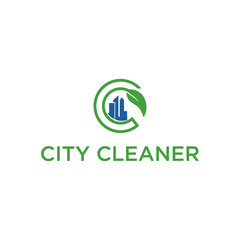 creative C letter logo design with leaf and skyline building vector
