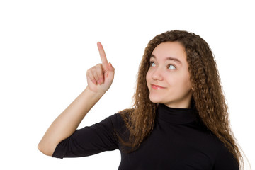 Cute young teenager holding hand showing ads, isolated over a white background