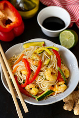 Chinese shrimp and noodle stir fry with vegetables