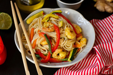 Chinese shrimp and noodle stir fry with vegetables