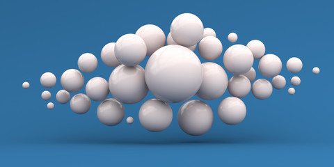 Illustration for advertising. Many flying white spheres on a blue background. 3d rendering illustration.