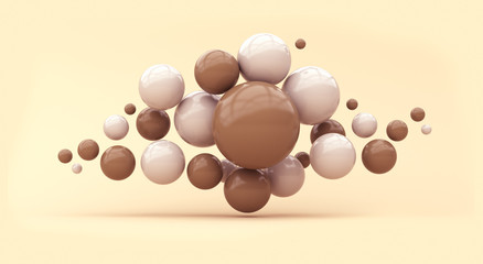 Illustration for advertising. Many flying brown and white spheres on a yellow background. 3d rendering illustration.