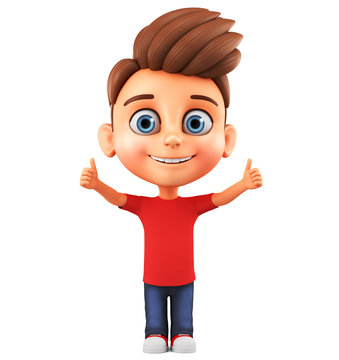 3d render illustration. Cartoon character of a little boy shows two thumbs up on a white background.
