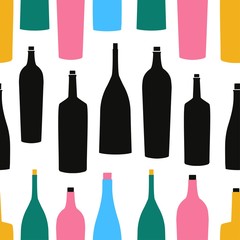 Vector seamless pattern with black and colored wine bottles. Abstract print design