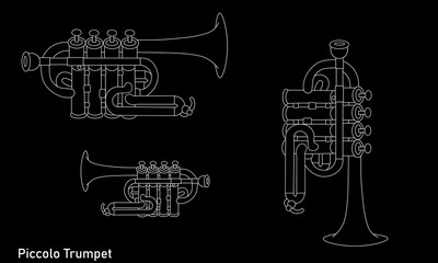White outline piccolo trumpet various sizes. The contour of the musical instrument on a black background
