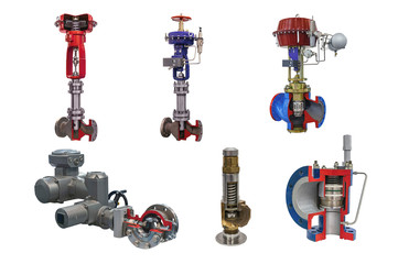 six modern shut-off valves with automatic control for gas pipeline isolated on a white background. Transverse section