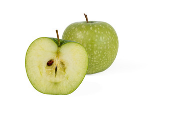 half and whole tasty red apples isolated on white background