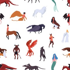 Mythical creatures seamless pattern isolated on white background. Colorful cartoon characters of ancient mythology vector flat illustration. Different heroes of faity tales and legends