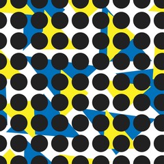 Seamless abstract geometric pattern with circles and triangles. Texture with blue, yellow, white and black colors. Stock vector illustration for decoration and design, wrapping paper, wallpaper