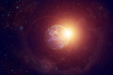 Planet earth among stars in universe.