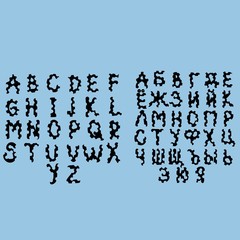 Elegant abstract geometric english and russian alphabet, set of letters in black color isolated on background. For logos, posters, inscriptions. Typographic fonts, classic style. Vector illustration