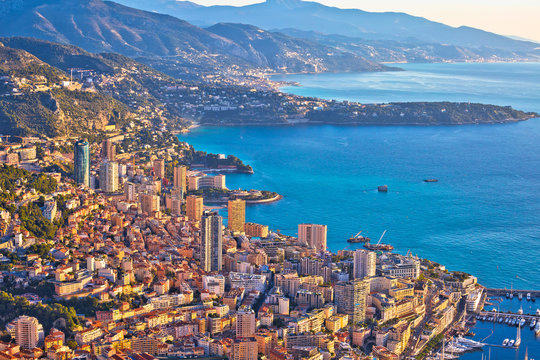 Monaco and Monte Carlo cityscape and coastline colorful view from above