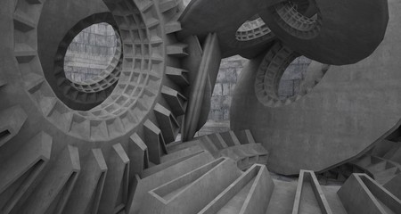 Abstract architectural concrete interior with discs. 3D illustration and rendering.