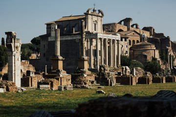 Fototapeta na wymiar View of the ruins of a Roman forum with famous sights in Rome, Italy. Roman Forum in the heart of ancient Rome.