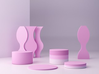 Abstract minimal pink scene with geometrical forms. Cylinder podiums and stairs in pastel colors. Abstract background. Scene to show cosmetic podructs. Showcase, shopfront, display case. 3d render.